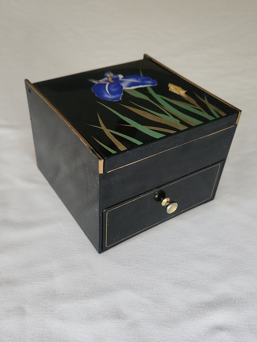 Japanese Black Lacquered Jewelry Box With Iris Detail